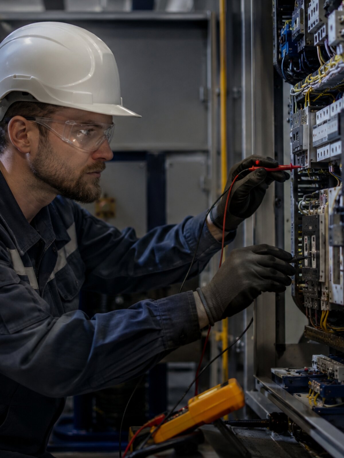 Técnico reparando un cuadro eléctrico industrial